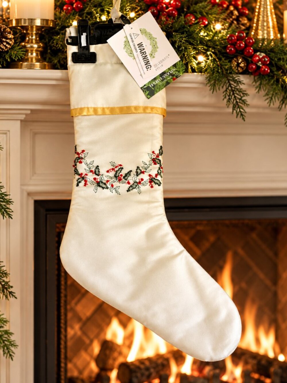 Secret Celebrity Christmas Stocking Embroidered Beaded Holly Garland 19 Inches